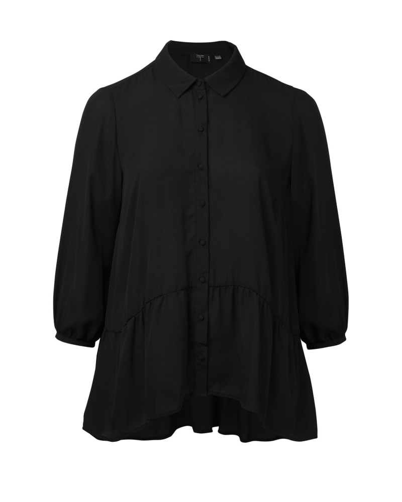 Front of a size 1X Palmer Shirred Peplum Blouse in Black by T Tahari. | dia_product_style_image_id:254124